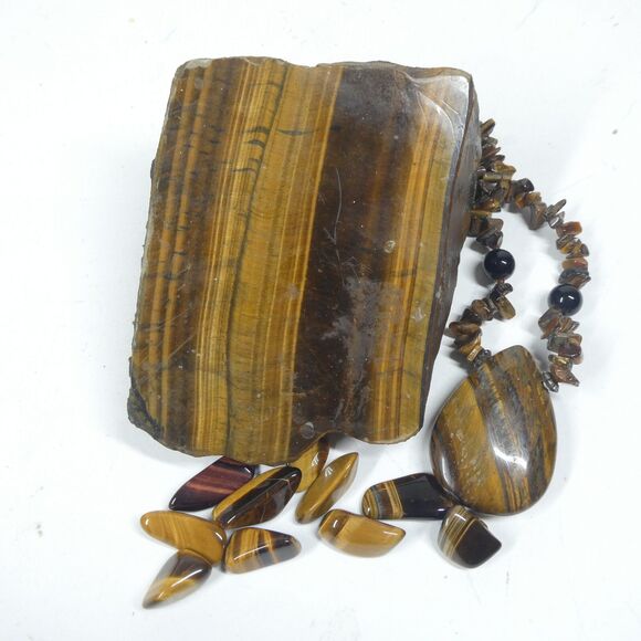 Tigers Eye Lot w/ Large 4" 573g Display Specimen + Gemstone Chips Necklace - Picture 1 of 10